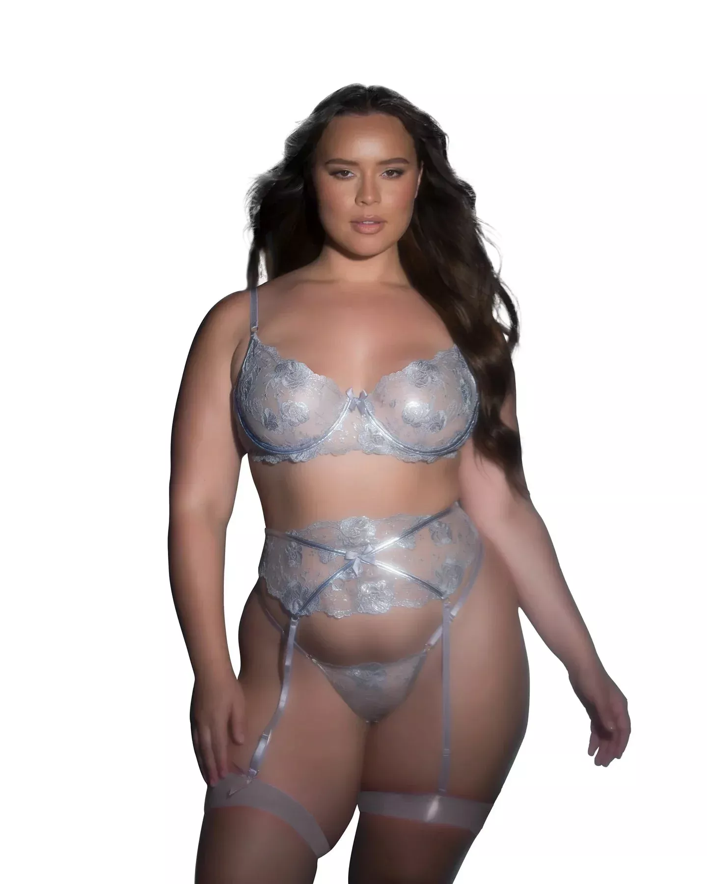 Garden Of Eden Bra, Garter, & Panty Set, Silver, Queen O/S