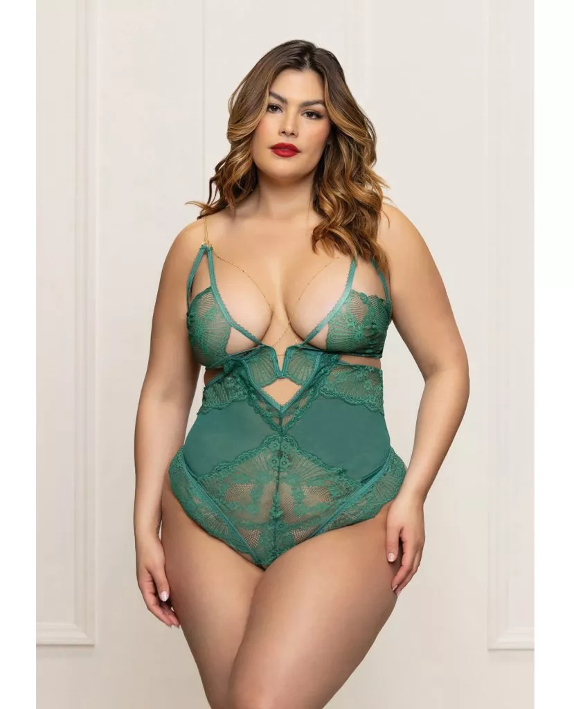 Lace and Mesh Open Crotch Teddy w-Gold Straps – Green 1X-2X