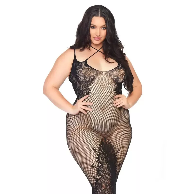 Leg Avenue Black Sexy Plus Size Seamless Fishnet Halter Dress Uk 18 to 22