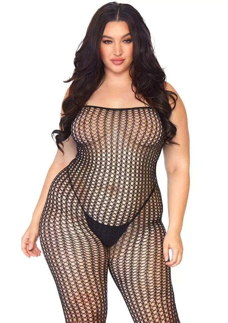 Leg Avenue Seamless Crochet Net Spaghetti Strap Bodystocking – Plus Size – Black