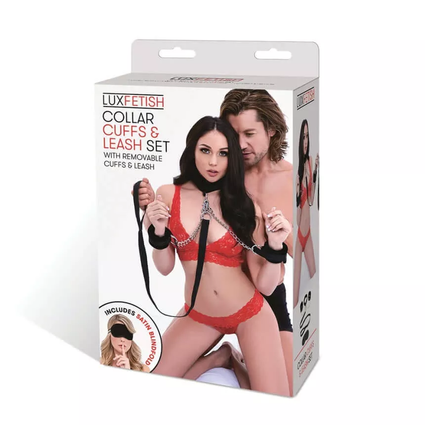 Lux Fetish Collar and Cuffs Set with Satin Blindfold: Elevate Your Erotic Adventures