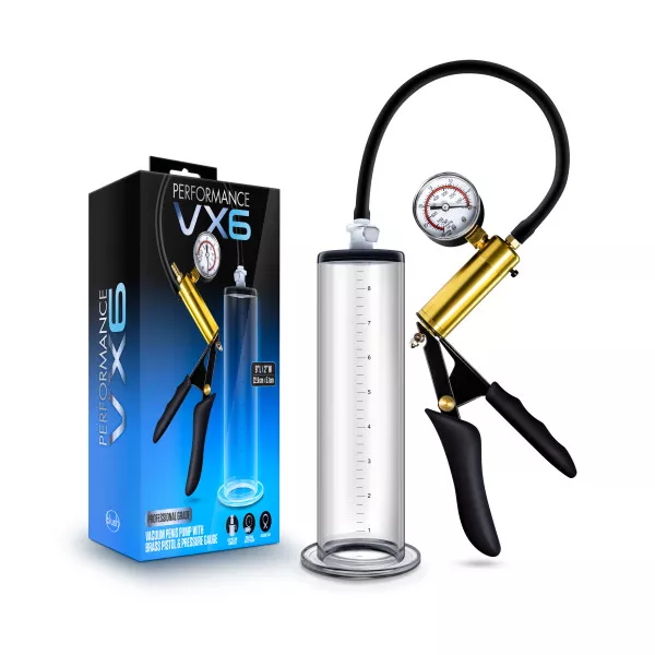 Performance Vx6 Vacuum Penis Pump W- Brass Trigger & Pressure Gauge Clear