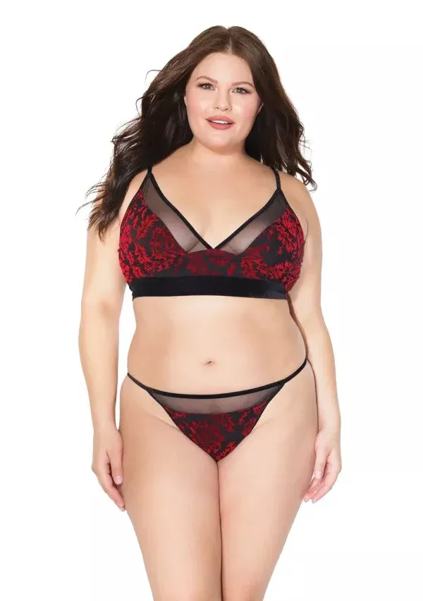 Red and Black Velvet Damask Bra and Panty Set Queen O/S
