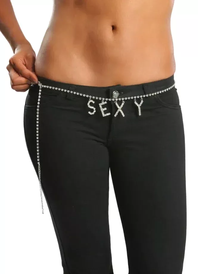 “SEXY” Rhinestone Belly Chain, Silver, One Size